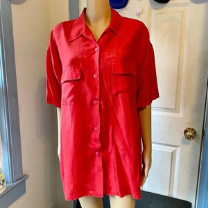 Vintage Margo’s 100% Silk Buttons Down Short Sleeves Red Blouse Women Sz L NWT